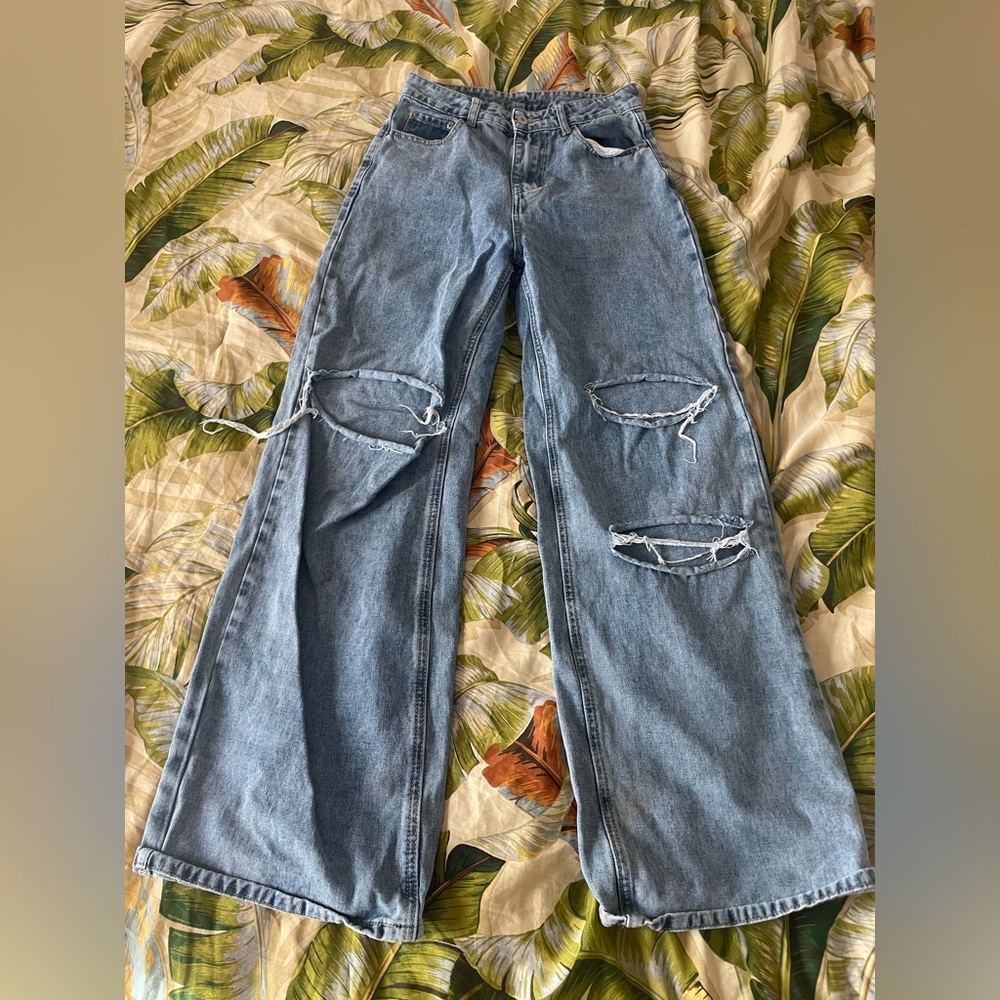 SHEIN Light Blue Distressed Wide Leg Jeans